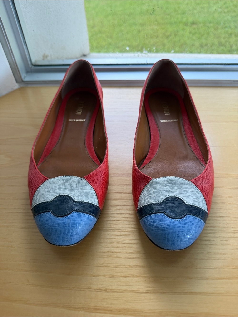 Fendi Red Leather Colorblock Ballet Flats with Blue, White & Black Toe